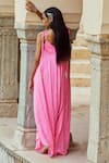 Shop_Pink City by Sarika_Pink Silk Bandhani V Neck Pattern Hand Embroidered Jumpsuit _at_Aza_Fashions