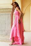 Shop_Pink City by Sarika_Pink Silk Bandhani V Neck Pattern Hand Embroidered Jumpsuit _Online_at_Aza_Fashions