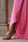 Pink City by Sarika_Pink Silk Bandhani V Neck Pattern Hand Embroidered Jumpsuit _at_Aza_Fashions