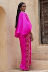 Pink City by Sarika_Pink Silk Embroidery Sequin V Neck Side Tape Top With Skirt _Online_at_Aza_Fashions