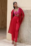 Buy_Pink City by Sarika_Red Silk Embroidery Folklore Ghungroo Tassel Embellished Sleeves Cape And Pant Set _at_Aza_Fashions