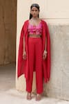 Shop_Pink City by Sarika_Red Silk Embroidery Folklore Ghungroo Tassel Embellished Sleeves Cape And Pant Set _Online_at_Aza_Fashions