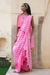 Shop_Pink City by Sarika_Pink Silk Tie Dye V Neck Pre-draped Mehkhela Saree With Blouse _Online_at_Aza_Fashions