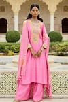 Buy_Pink City by Sarika_Pink Silk Chanderi Embroidered Sunflower Round Surajmukhi Kurta Pant Set _at_Aza_Fashions