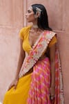 Pink City by Sarika_Yellow Tissue Tassar Leheriya Pattern Saree With Unstitched Blouse Piece _Online_at_Aza_Fashions