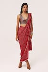 Buy_Tisha Saksena_Red Blouse Raw Silk Embellished Bandhini Farid Pattern Pre-draped Saree With _at_Aza_Fashions