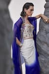 Tisha Saksena_Blue Corset Raw Silk Katib Zardozi Embroidered Ombre Draped Skirt Set _Online_at_Aza_Fashions