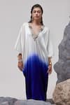 Tisha Saksena_Blue Stretch Satin Silk Embellished Seqiun V-neck Nagari Ombre Kaftan _Online_at_Aza_Fashions