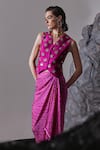 Shop_Tisha Saksena_Pink Waistcoat Raw Silk Embellished Faraz Mirror With Bandhini Draped Skirt _Online_at_Aza_Fashions