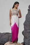 Buy_Tisha Saksena_Pink Yoke Raw Silk Embroidered Zardozi Round Ada Cut-out Ombre Dress _at_Aza_Fashions