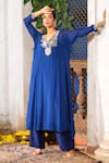 Anu Pellakuru_Blue Tunic Chinnon Chiffon Embroidered Zari V Neck Glass Bead And Pant Set _at_Aza_Fashions