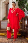 Buy_Anu Pellakuru_Red Chiffon, Silk Pearls, Beads V-neck Glass And Embroidered Tunic Pant Set _at_Aza_Fashions