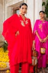Buy_Anu Pellakuru_Red Chiffon, Silk Pearls, Beads V-neck Glass And Embroidered Tunic Pant Set _Online_at_Aza_Fashions