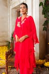 Shop_Anu Pellakuru_Red Chiffon, Silk Pearls, Beads V-neck Glass And Embroidered Tunic Pant Set _Online_at_Aza_Fashions
