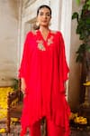 Anu Pellakuru_Red Chiffon, Silk Pearls, Beads V-neck Glass And Embroidered Tunic Pant Set _at_Aza_Fashions