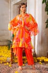 Buy_Anu Pellakuru_Orange Tunic Chiffon Printed Zari V Neck Ruffled Embroidered Pant Set _at_Aza_Fashions