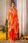 Buy_Anu Pellakuru_Orange Tunic Chiffon Printed Zari V Neck Ruffled Embroidered Pant Set 