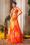 Shop_Anu Pellakuru_Orange Chiffon Printed Floral Round Embroidered Blouse And Lehenga Set _at_Aza_Fashions