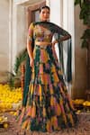 Buy_Anu Pellakuru_Green Net Printed Floral V Neck Tiered Embroidered Lehenga Set _at_Aza_Fashions