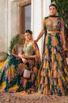 Buy_Anu Pellakuru_Green Net Printed Floral V Neck Tiered Embroidered Lehenga Set _Online_at_Aza_Fashions