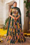 Shop_Anu Pellakuru_Green Net Printed Floral V Neck Tiered Embroidered Lehenga Set _Online_at_Aza_Fashions