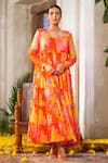 Buy_Anu Pellakuru_Orange Chiffon Printed Floral Round Cutwork Embroidered Gown _at_Aza_Fashions