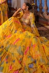 Anu Pellakuru_Yellow Lehenga Chiffon Printed Floral Scoop Frill Tiered Set _at_Aza_Fashions