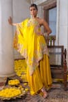 Buy_Anu Pellakuru_Yellow Pure Silk Embroidered Resham Glass Bead And Pearl Kaftan Tunic & Pant Set _at_Aza_Fashions