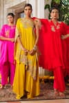 Anu Pellakuru_Yellow Pure Silk Embroidered Resham Glass Bead And Pearl Kaftan Tunic & Pant Set _Online_at_Aza_Fashions