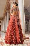 Shop_Anu Pellakuru_Brown Raw Silk Embroidery Cutdana High Neck Mughal Jaal Lehenga Set _at_Aza_Fashions