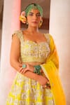 Anu Pellakuru_Yellow Raw Silk Embroidery Cutdana Sweetheart Neck Gullista Jaal Lehenga Set _at_Aza_Fashions