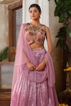 Buy_Anu Pellakuru_Purple Zari Embroidery Sequin Round Neck Micro Pleated Waistband Lehenga Set 