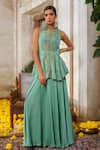 Buy_Anu Pellakuru_Green Tissue Silk Embroidery Zari Split V Neck Florin Peplum Kurti With Palazzo _at_Aza_Fashions