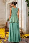 Shop_Anu Pellakuru_Green Tissue Silk Embroidery Zari Split V Neck Florin Peplum Kurti With Palazzo _at_Aza_Fashions