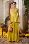 Buy_Anu Pellakuru_Yellow Tissue Silk Embroidery Zari Split V Floret Peplum Kurti With Palazzo _at_Aza_Fashions