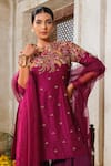 Shop_Anu Pellakuru_Wine Chinnon Chiffon Embroidery Zari Round Neck Bloom Garden Kurta Sharara Set _at_Aza_Fashions