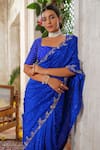 Anu Pellakuru_Blue Saree Silk Embroidery Pearl Square Neck Bloom Vine Set _at_Aza_Fashions