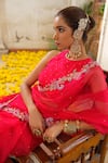 Shop_Anu Pellakuru_Red Saree Organza Embroidery Pearl Halter Neck Ambrosia Vine Set _Online_at_Aza_Fashions