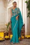 Buy_Anu Pellakuru_Blue Saree Silk Embroidery Pearl Round Neck Gul Vine Set _at_Aza_Fashions