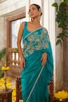 Buy_Anu Pellakuru_Blue Saree Silk Embroidery Pearl Round Neck Gul Vine Set _Online_at_Aza_Fashions