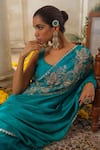 Anu Pellakuru_Blue Saree Silk Embroidery Pearl Round Neck Gul Vine Set _at_Aza_Fashions