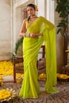 Buy_Anu Pellakuru_Green Saree Chinnon Chiffon Embroidery Pearl V Neck Meadow Set _at_Aza_Fashions