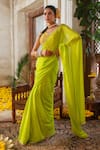 Buy_Anu Pellakuru_Green Saree Chinnon Chiffon Embroidery Pearl V Neck Meadow Set _Online_at_Aza_Fashions