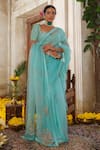 Buy_Anu Pellakuru_Blue Saree Organza Embroidery Pearl Sweetheart Neck Ornate Bloom Set _at_Aza_Fashions