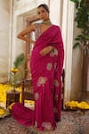 Buy_Anu Pellakuru_Pink Saree Silk Embroidery Pearl Deep U Neck Ornate Fleur Set _at_Aza_Fashions