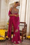 Shop_Anu Pellakuru_Pink Saree Silk Embroidery Pearl Deep U Neck Ornate Fleur Set _Online_at_Aza_Fashions