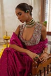 Anu Pellakuru_Pink Saree Silk Embroidery Pearl Deep U Neck Ornate Fleur Set _at_Aza_Fashions