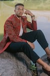 Jatin Malik_Red Linen Silk Embroidered Zari Crimson Lake Sherwani Jacket Set _Online_at_Aza_Fashions