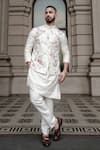 Buy_Jatin Malik_Ivory Slub Slik Embroidered Floral Porcelain Petals Nehru Jacket Set _at_Aza_Fashions