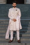 Jatin Malik_Grey Linen Silk Hand Embroidered Aari Floral Veil Sherwani Set _Online_at_Aza_Fashions